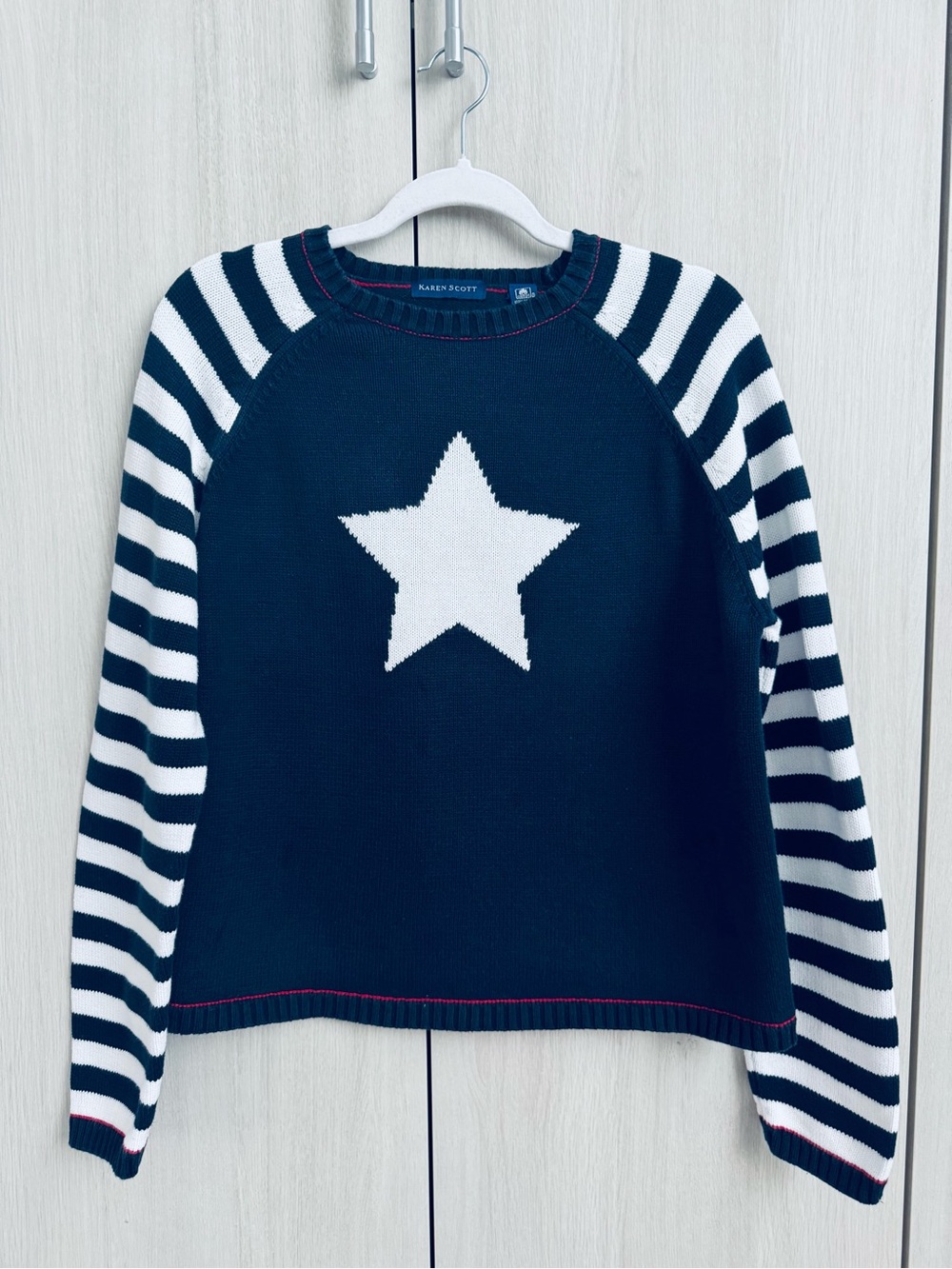 Karen Scott vintage  💯 cotton Navy Sweater with White Star and Striped Sleeves